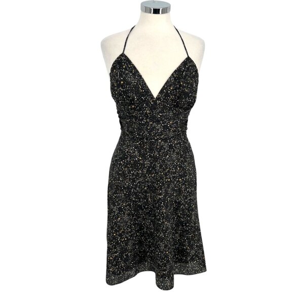 Express Womens Halter Neck Silk Black Gold Party Night Out Dress Size 6 - Picture 1 of 13